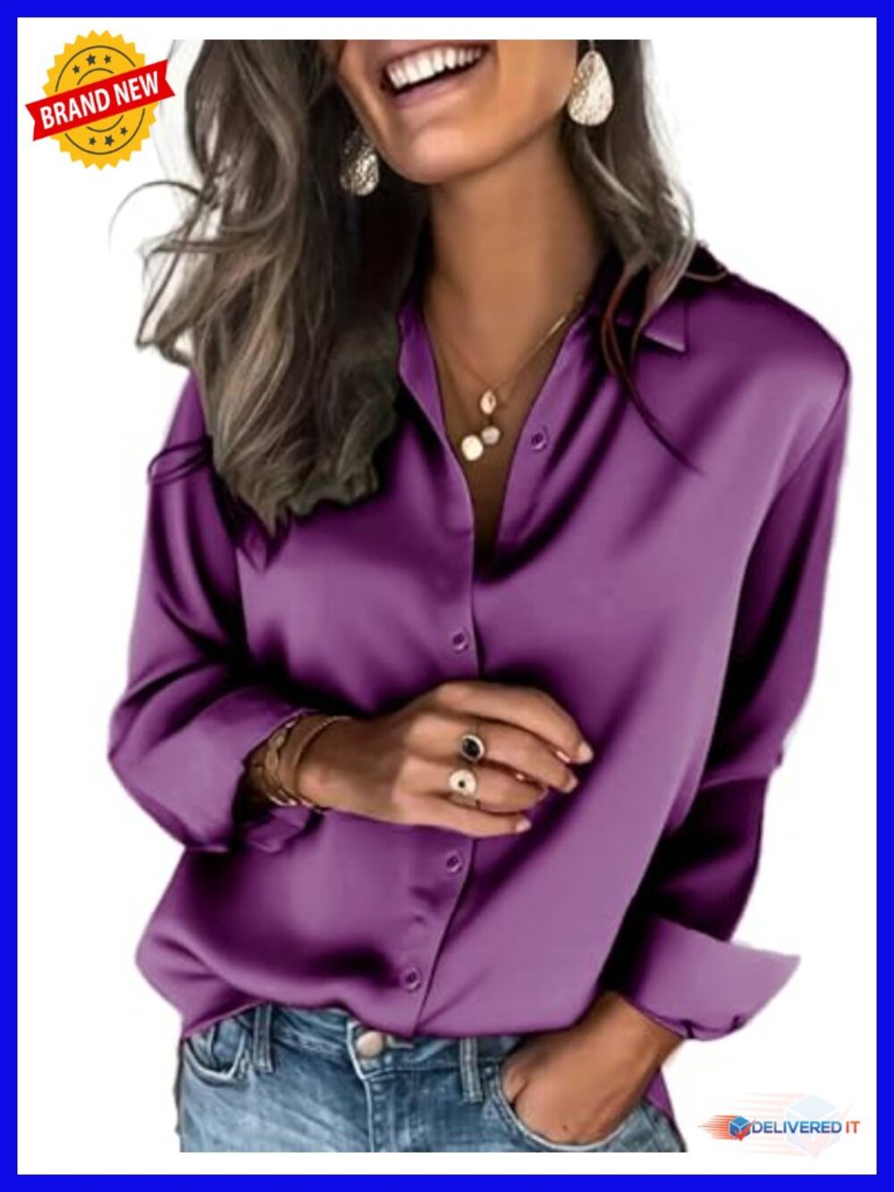 Satin Button Down Shirt Long Sleeve Blouse Women's Silk-like Top